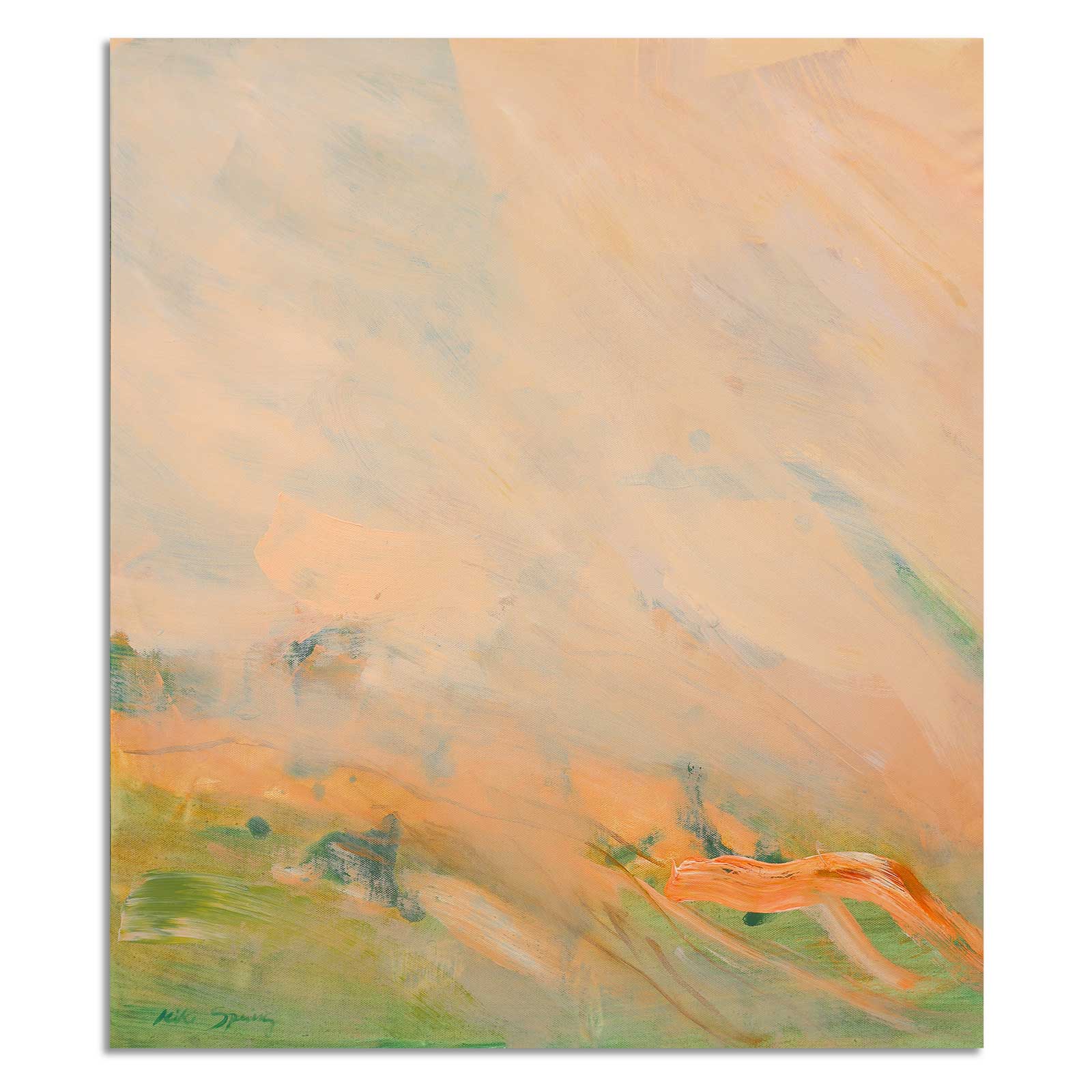 Abstract painting with soft orange and green hues on a white background
