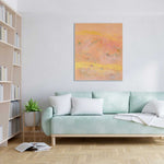 Load image into Gallery viewer, Modern living room with a light green sofa, bookshelf, and abstract painting.
