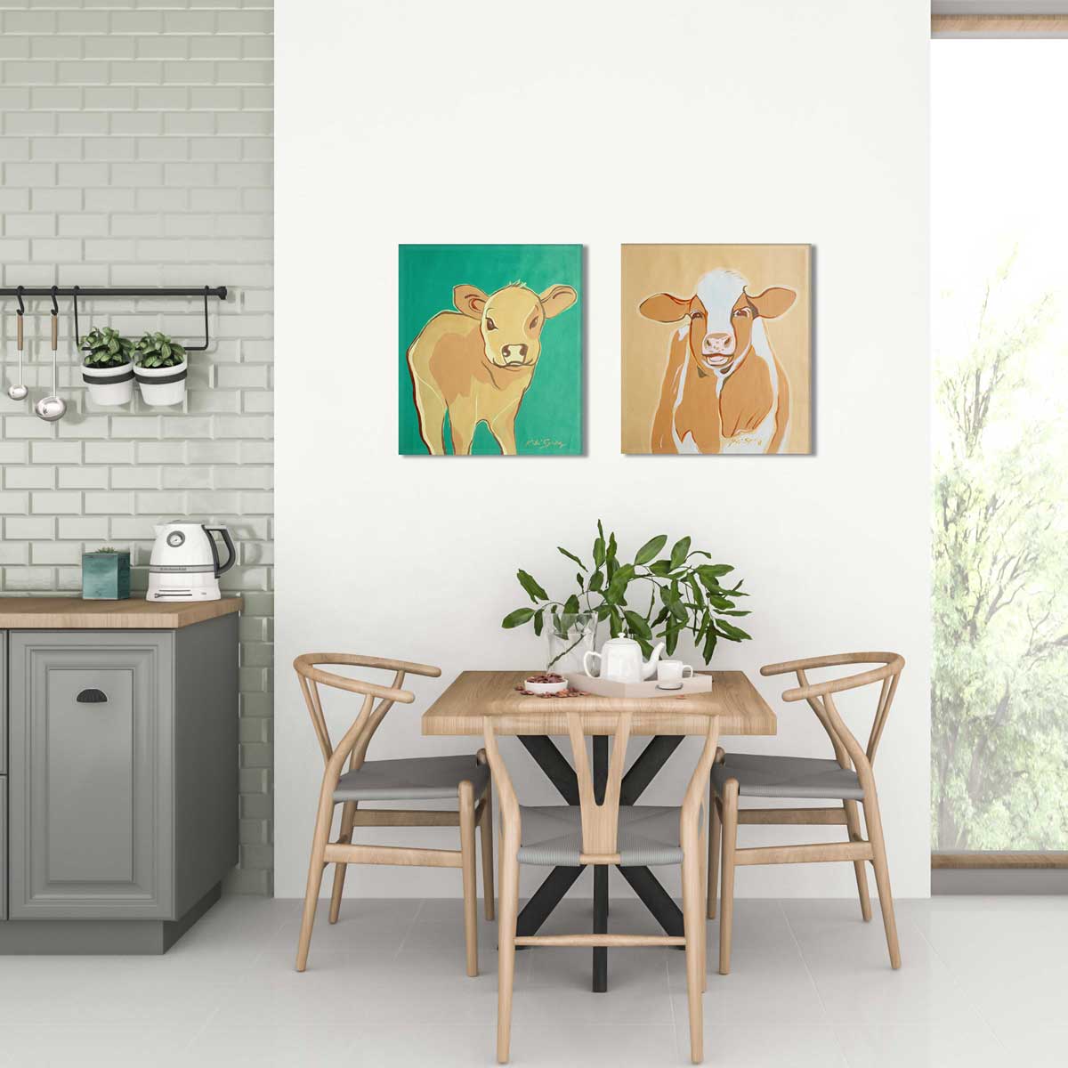Dining area with wooden table and chairs, featuring two cow paintings on the wall.
