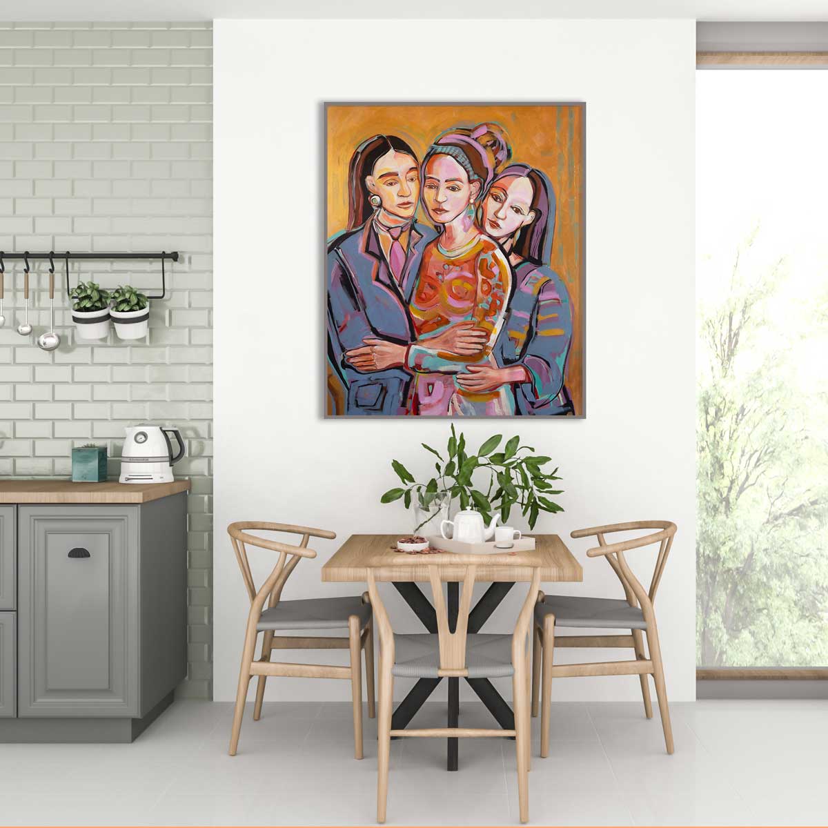 Dining room with a table and chairs, and a colorful painting of three people on the wall.