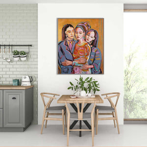 Dining room with a table and chairs, and a colorful painting of three people on the wall.