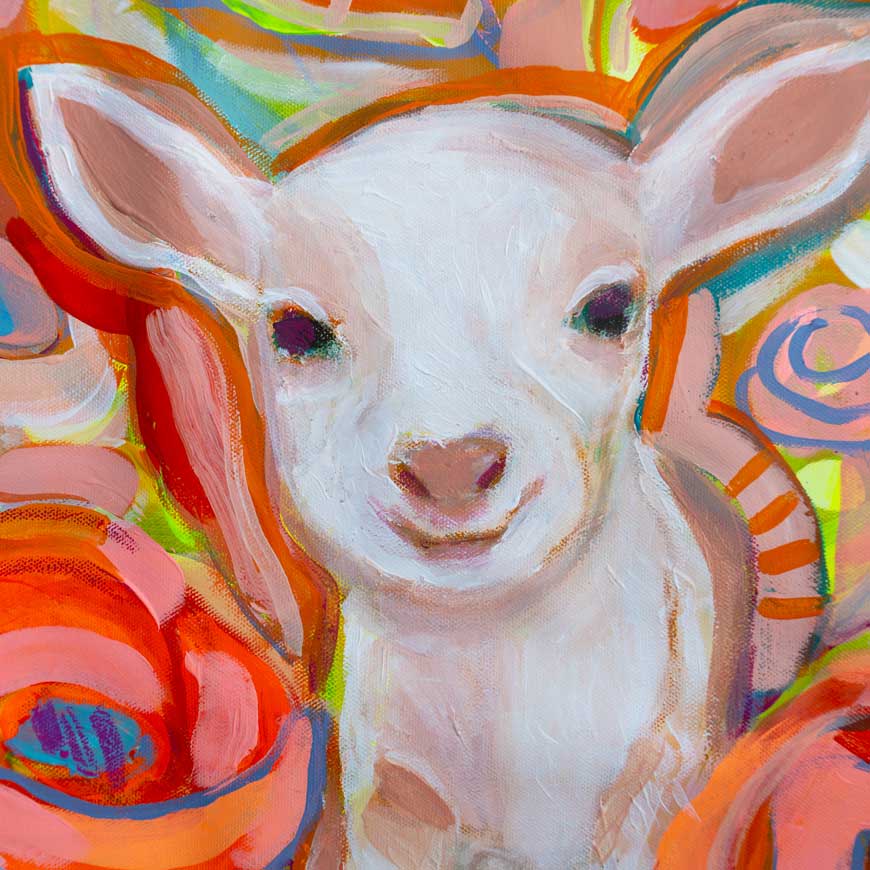 Colorful painting of a lamb with abstract patterns