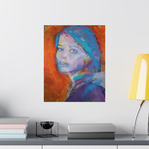 art print young white woman portrait in orange blue and violet scale expressive artwork by kiki spring swiss artist