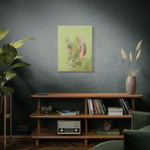 Load image into Gallery viewer, Living room with a wooden shelf, books, a plant, and a painting on a dark wall.
