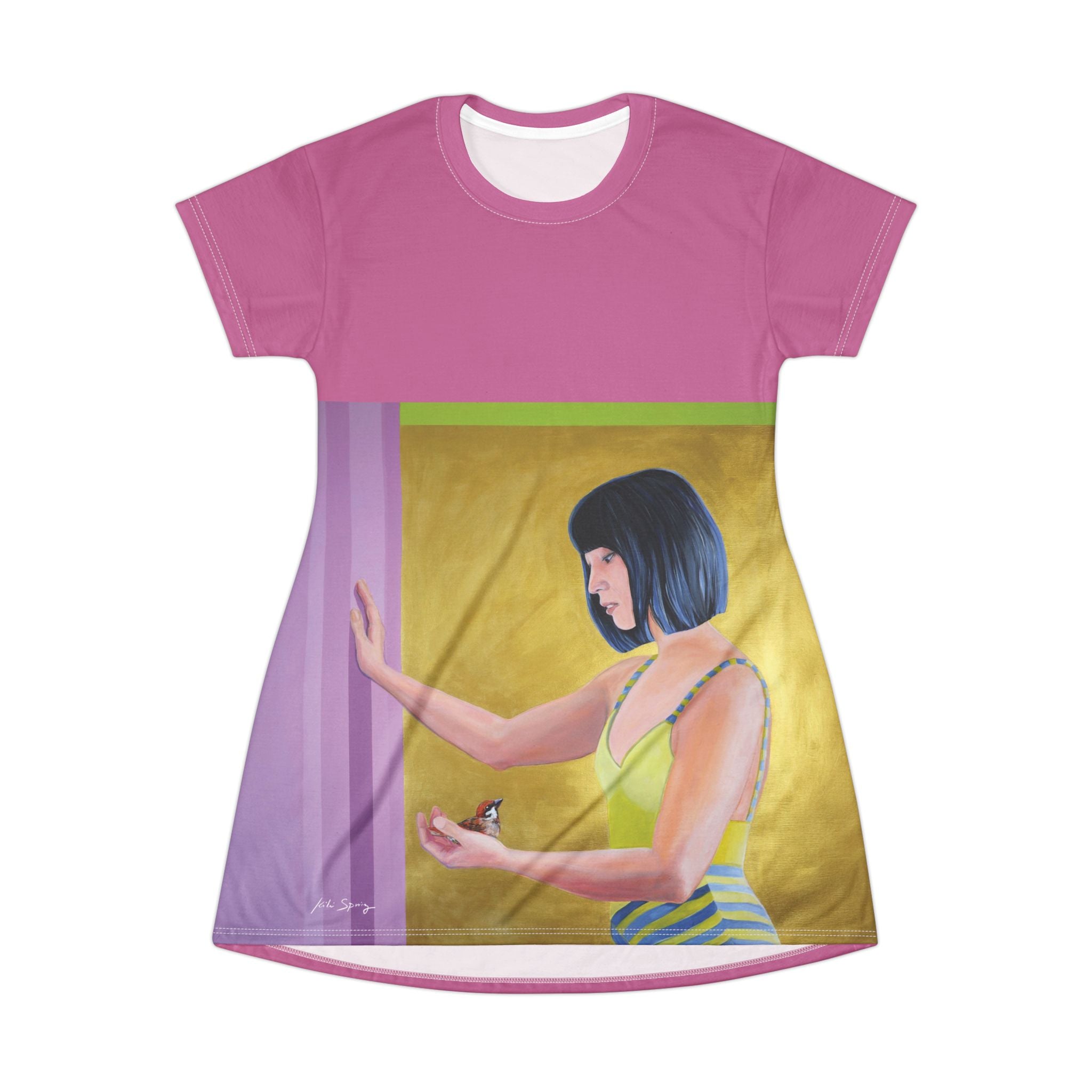 Front view of pink pop‑art T‑shirt dress by a swiss artist Kiki Spring showcasing a clean cut and relaxed fit. Comfortable artistic clothes with the portrait painting of an asian woman with a bird. 