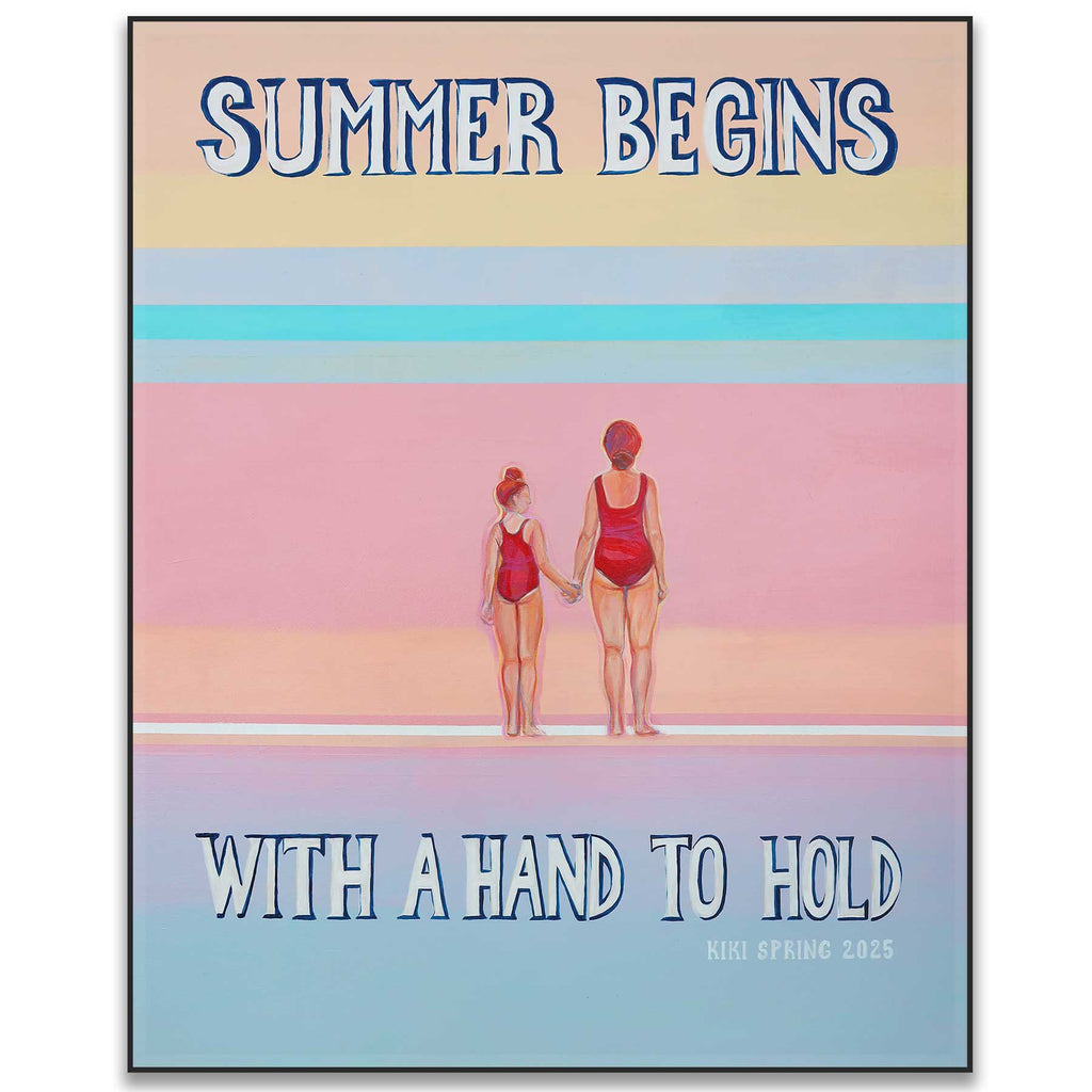 Cartoon of two people holding hands on a beach with 'Summer Begins With A Hand To Hold' text.