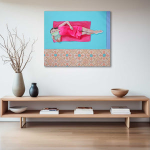 Modern living room with a wooden shelf, decorative vases, and a colorful painting on the wall.