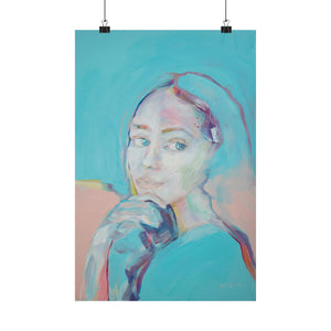 A vertical poster featuring a soft turquoise female portrait with pastel color palette, displayed on a wall.