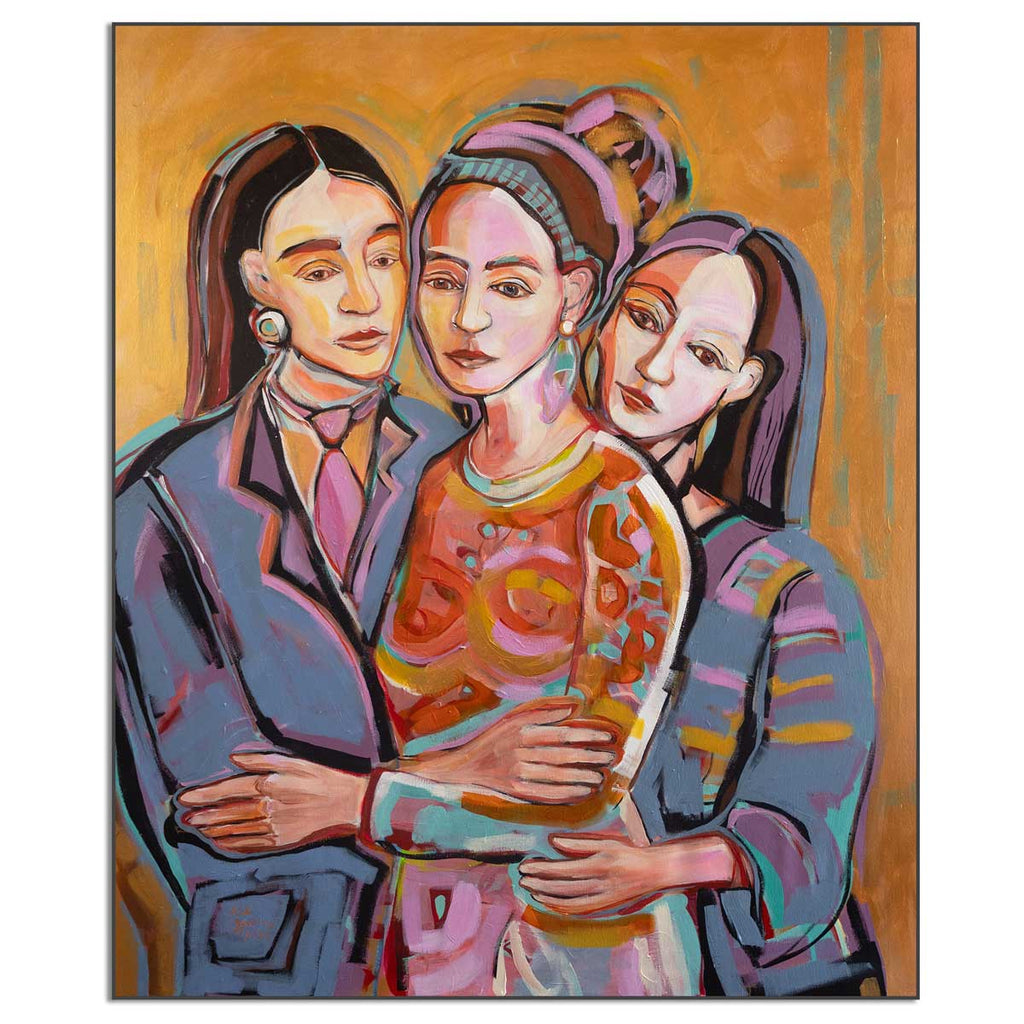 Colorful painting of three people embracing on a warm-toned background