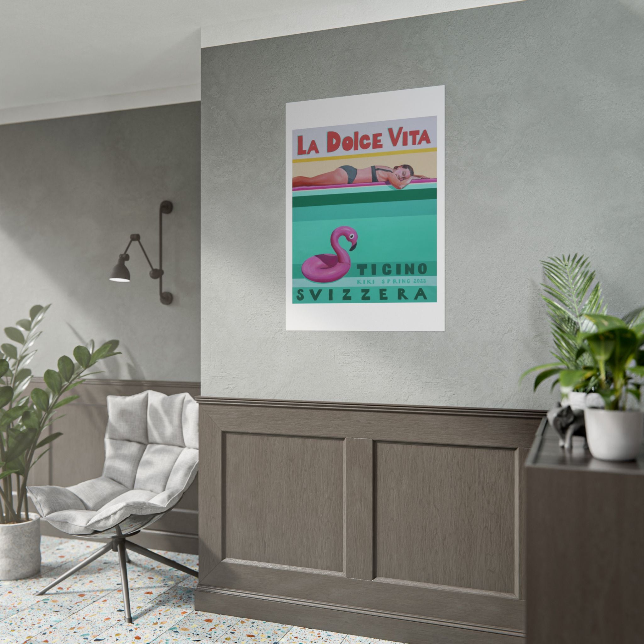 Poster on a wall in a modern living room with plants and furniture.