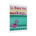 Load image into Gallery viewer, Poster with &#39;La Dolce Vita&#39; text, woman in bikini, and pink flamingo float on a pool.

