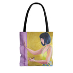 Load image into Gallery viewer, A tote bag featuring a vibrant acrylic painting of a woman with black hair, yellow top, and a purple background, with a small bird in her hand.
