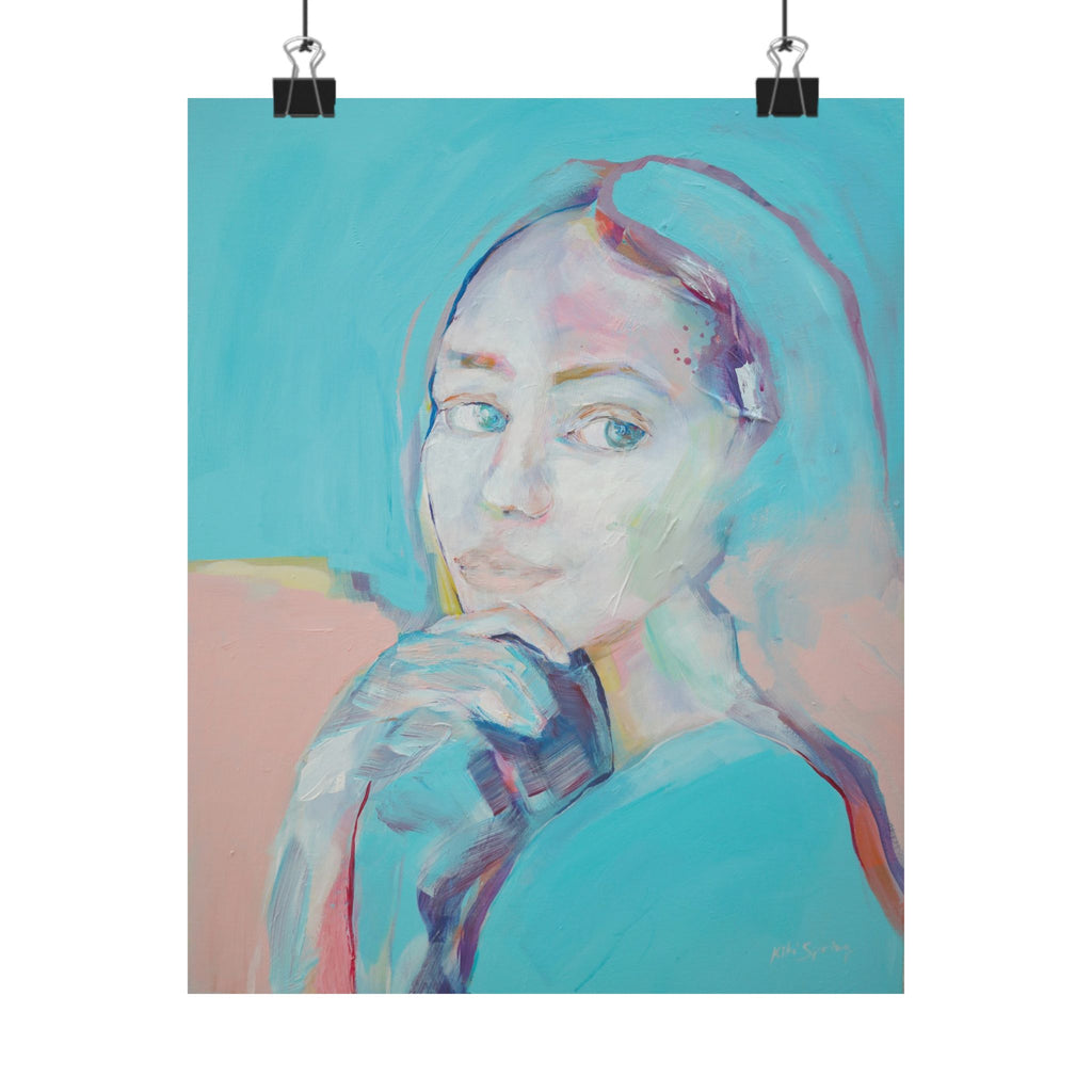 A vertical poster featuring a soft turquoise female portrait with pastel color palette, displayed on a wall.