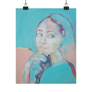 A vertical poster featuring a soft turquoise female portrait with pastel color palette, displayed on a wall.