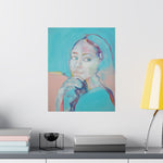 Load image into Gallery viewer, A vertical poster featuring a soft turquoise female portrait with pastel color palette, displayed on a wall.
