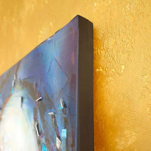 detail corner painting art original blue portrait black thick frame by an artist kiki spring gold structured wall