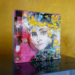 small home accessory portrait woman modern painting recycled artwork from nespresso capsules